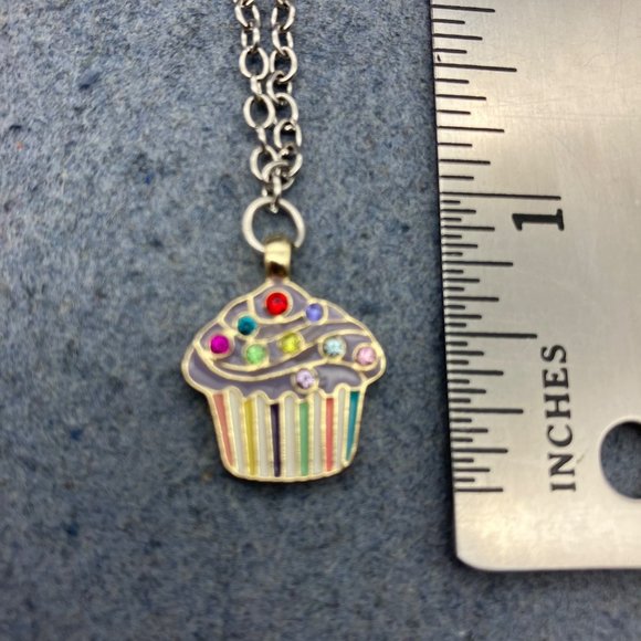 Multicolor Cupcake Pendant Necklace Enamel Rhinestone Silver Chain Barbie Soft G - Picture 7 of 8